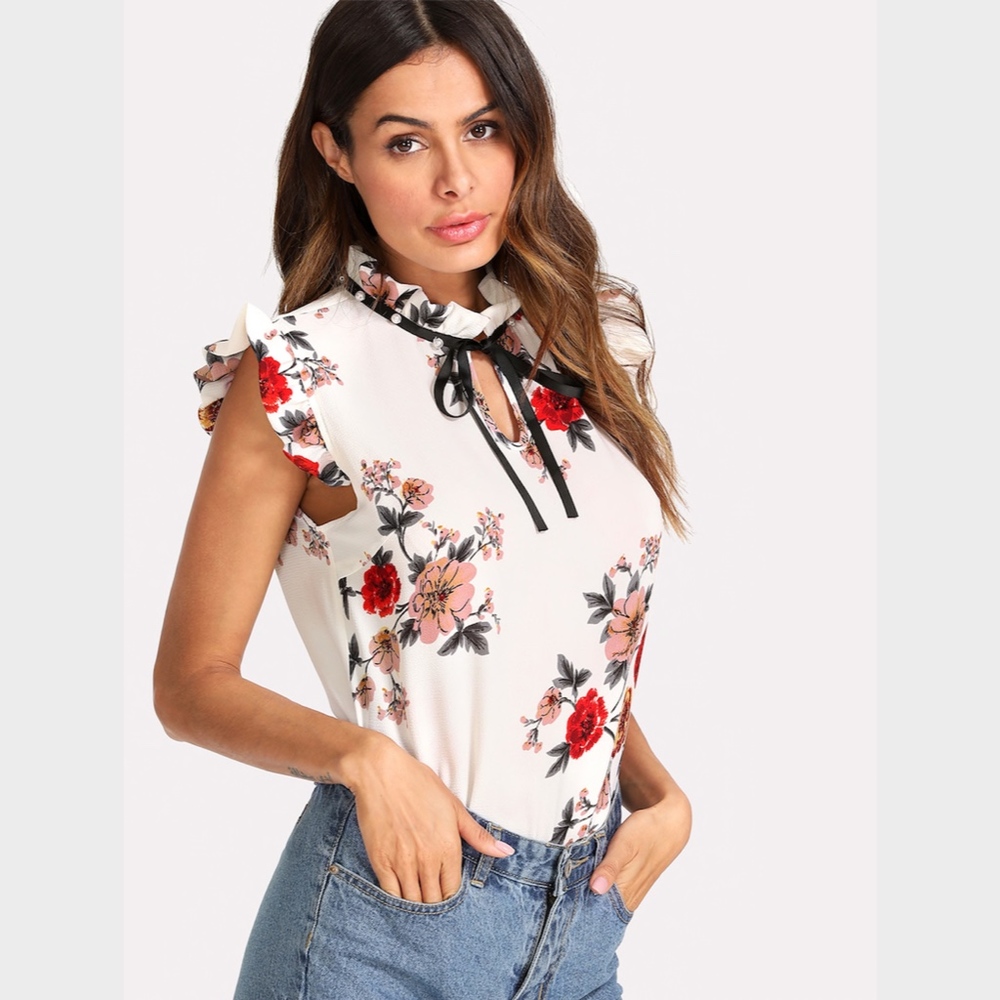 Pearl Embellished Frill Trim Tie Floral Top White - Picture 4 of 8
